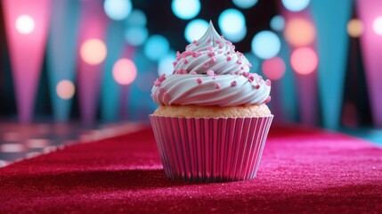 delicious cupcake standing on red carpet in limbo light background