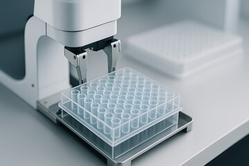 Automated laboratory pipetting robot handling 96 well microplate tray, high-throughput screening system for clinical diagnostics, pharmaceutical testing and modern biotech research in sterile environm