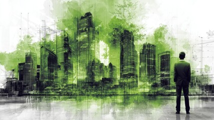 A stylized abstract rendering of a modern high density urban skyline with skyscrapers and towers reflected in the water set against a vibrant green backdrop