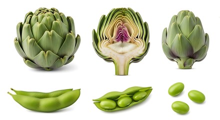 Fresh Artichokes and Edamame Pods Displayed on White Background, Isolated Food