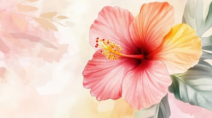 Delicate hibiscus flower, soft watercolor style, pastel colors, blurred background