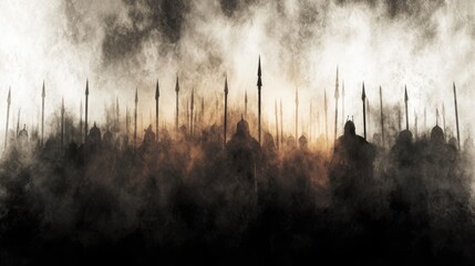 A grand medieval style castle rises majestically from the shrouded ethereal landscape its imposing towers and spires silhouetted against the hazy atmospheric backdrop of fog and mist