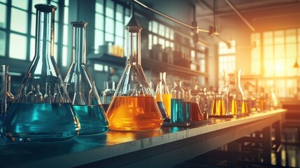 A well equipped laboratory with various glassware liquids and scientific instruments indicating ongoing research experiments and scientific explo n