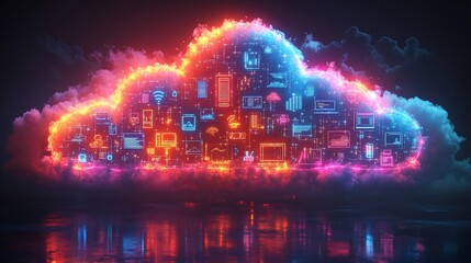 Glowing cloud with digital icons, reflecting in dark water