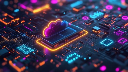Futuristic circuit board with illuminated cloud and device