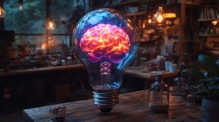 Brain illuminated within a lightbulb in a workshop