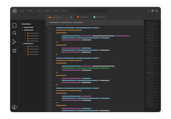 Code editor interface in dark mode featuring a file directory sidebar and lines of colored syntax highlighted code related to programming software development coding and web development