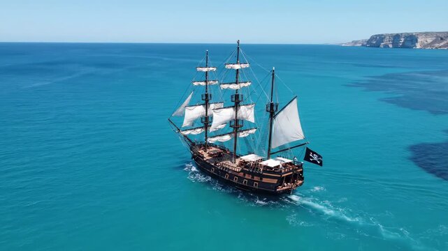 Aerial view of Pirate ship crew swimming in the sea, Turquoise Voyage Majestic Pirate Ship Sailing on Crystalline Waters.
