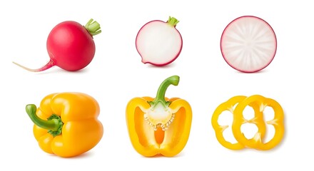 Fresh Radishes and Yellow Bell Peppers Isolated on White Background