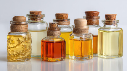 Collection of glass oil bottles with cork lids filled with colourful essential oils for aromatherapy organic skincare and wellness rituals