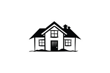Simple black and white illustration of a charming detached house with a pitched roof and visible windows presented in a clean silhouette style