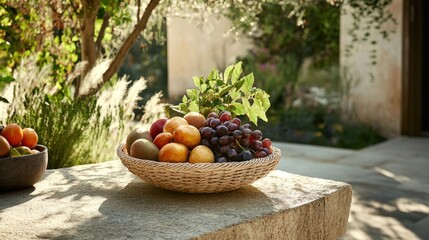 Basket of colorful fruits on stone patio