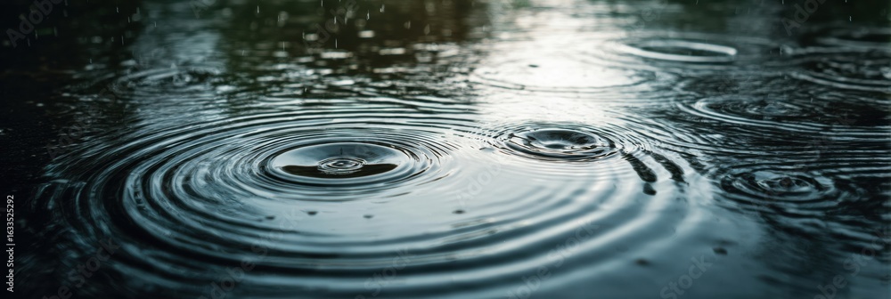 Poster raindrops create ripples on the water surface during a tranquil afternoon in a natural setting