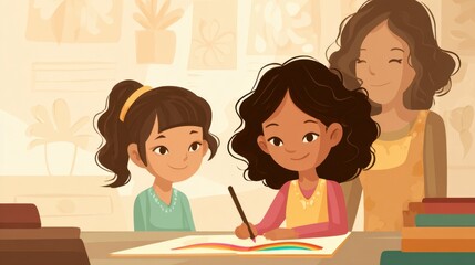 Teacher Engaging with Two Eager Students at a Desk in a Bright Classroom Setting Promoting Learning and Curiosity in Young Minds and Education