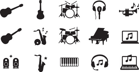 Black Silhouettes of Musical Instruments and Audio Equipment guitar drum