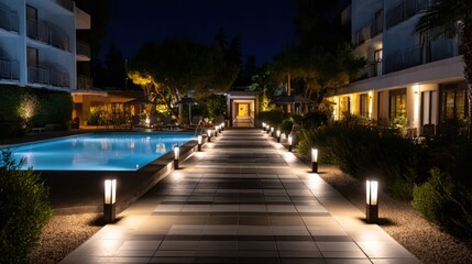 Tranquil Long Walkway Surrounded by Lush Greenery Inviting Peaceful Strolls and Reflection in a Natural Setting Under a Blue Sky with Fluffy Clouds