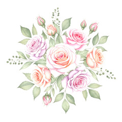 Beautiful watercolor pink and peach roses bouquet isolated on transparent background