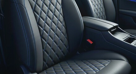 Obraz premium interior of car, luxury car featuring quilted black leather with vibrant blue stitching and accents. Ergonomic, padded interior offers premium comfort and high-quality detail for automotive enthusiast