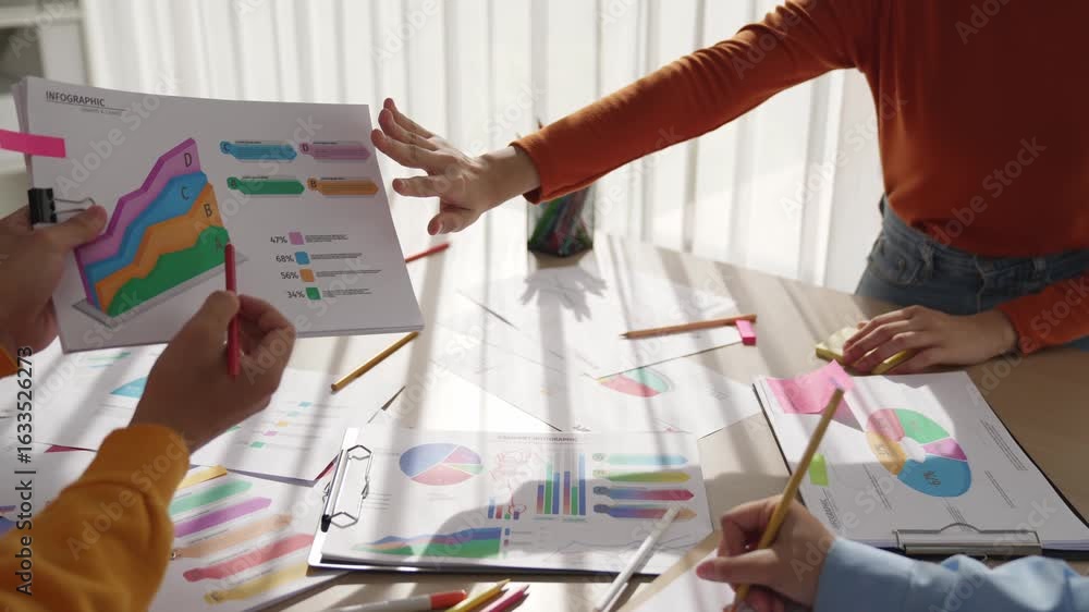 Poster startup employee working together, analyzing bi dashboard paper on financial data report but reject 