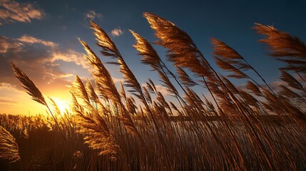 Golden reeds against a blue sky with scattered clouds at sunset creating a warm and serene scene