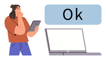 Curious woman holding tablet beside laptop with Ok message bubble. Ideal for decision-making, technology, productivity, approval, evaluation, digital learning, problem-solving. Modern flat metaphor