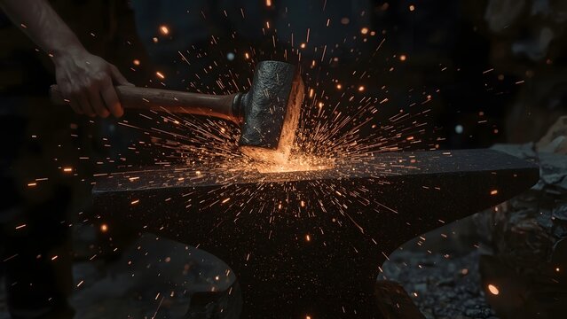 Blacksmith forging metal with hammer and anvil