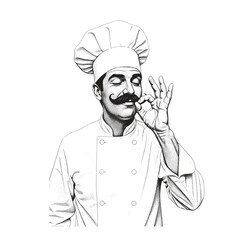 Engraved illustration of a vintage chef with a confident expression, highlighting timeless culinary artistry