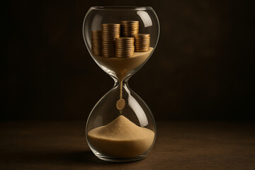 Stacked gold coins inside an elegant hourglass with sand flowing below, symbolizing time is money, financial value of time, investment urgency, wealth management, and economic countdown concept

