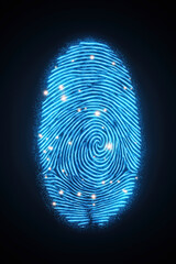 blue digital fingerprint on black isolated background. Biometric scan and technology for protecting digital access to security data and information