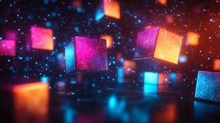 Abstract image of glowing cubes floating in a dark space