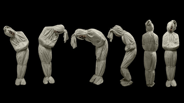 Set of pocong on a black background. A traditional ghost from Indonesia that takes the form of a human wrapped in a shroud or winding sheet. Concept of Halloween