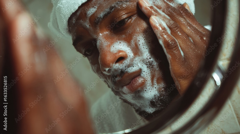 Poster man engaging in a morning skincare routine while looking in a mirror and applying cleanser during ea