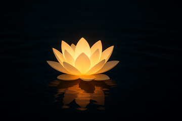 Glowing lotus flower floating on dark water, illuminated floral reflection, serene natural beauty, calming meditation symbol, soft warm light, spiritual tranquility, peaceful ambiance, glowing petals 