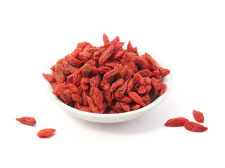 Dried goji berries in bowl isolated on white background