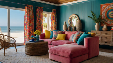 Beach-style colorful living room