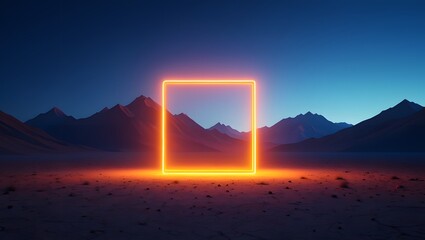Orange neon square portal in mountain landscape background futuristic design art