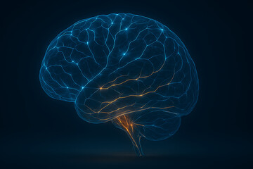 Digital human brain with glowing neural network connections on dark background, artificial intelligence and neuroscience concept, futuristic visualization of mind, memory, thinking, and mental health
