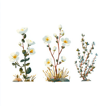 Beautiful blooming saxifrage are displayed in an illustrated style