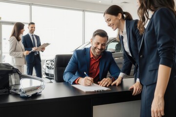 Man signing documents at a car dealership with salesperson assistance