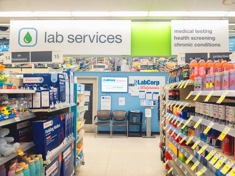 New Hartford, NY - Jul 15, 2025: Close-up view of LabCorp Section inside Walgreens Pharmacy, it is part of the lab services that Walgreen started to provide