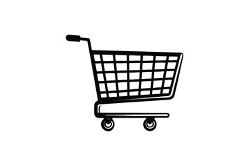 A simple hand drawn sketch of a shopping cart depicted in a black silhouette against a clean white background representing commerce and retail