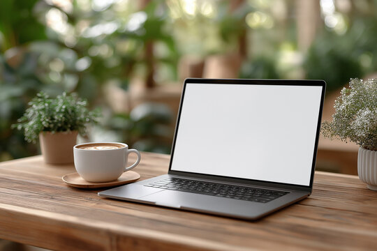 Laptop mockup on wooden table, blank screen, modern workspace with coffee cup and plant