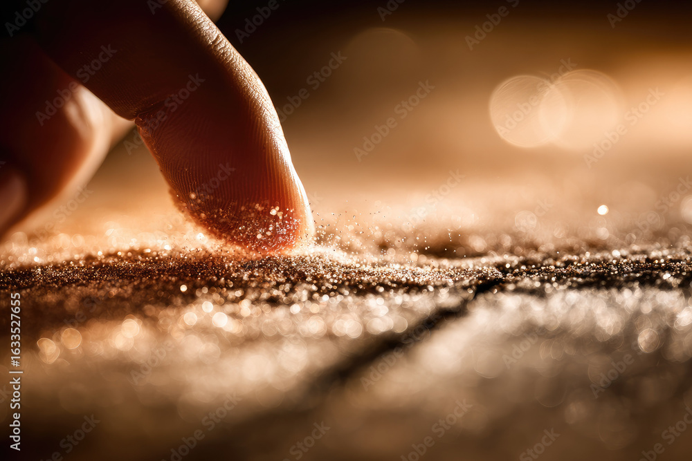 Aufkleber finger gently touching dry textured surface with sparkling dust particles illuminated by warm light,