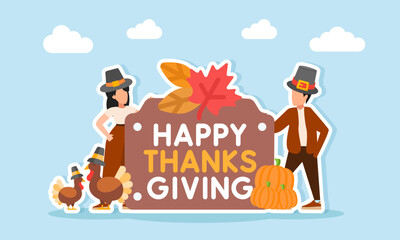 Man and woman wear hats stand near some turkeys with hats a pile of pumpkins and a board that says HAPPY THANKSGIVING illustration of appreciation for Thanksgiving celebration