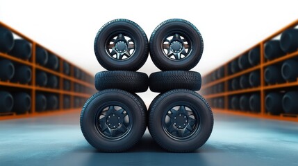 tires forming pyramid in warehouse