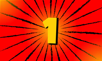 Bold yellow number 1 with black shadow on red burst background, comic book style, halftone dots, dynamic pop art design for countdowns, posters, stickers, or retro graphics.