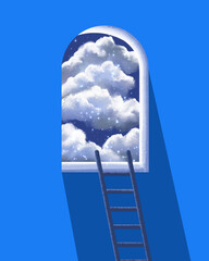 The arched window and the staircase in the center of the image, inside of which are clouds and stars twinkling at night. Template for banner, poster, etc.