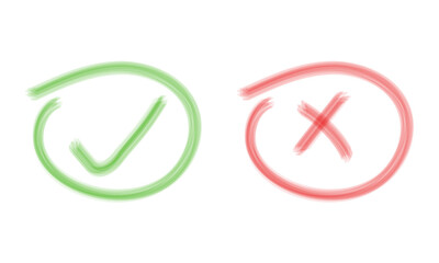Green check mark and red cross icon with brushstroke texture, symbolizing correct and incorrect, approval or rejection, in hand-drawn artistic style on a white background.