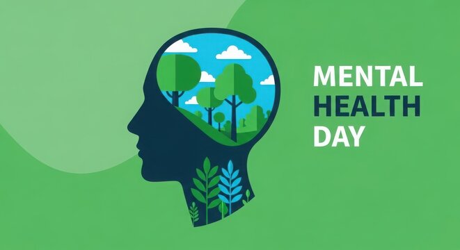 Illustration of a human head silhouette filled with a natural landscape for mental health day