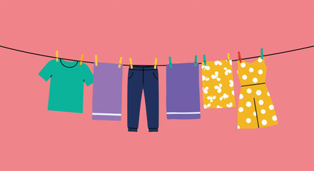 Clothes drying on a line against a pink backdrop, held by colorful clothespins